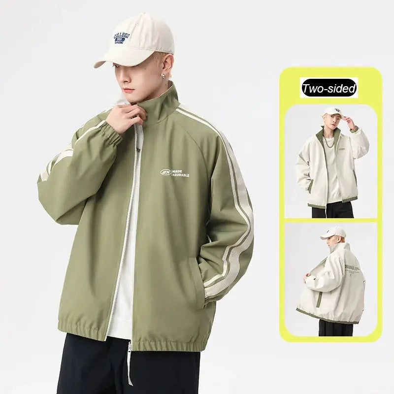 Simples Market two-sided reversible windproof jacket, olive green with white stripe sleeves and beige reverse.