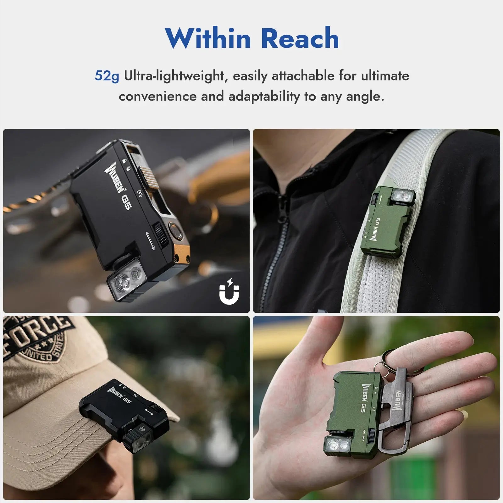 WUBEN G5 rechargeable EDC flashlight; black and green variants with clip, 400 lumens, RGB dual-light.