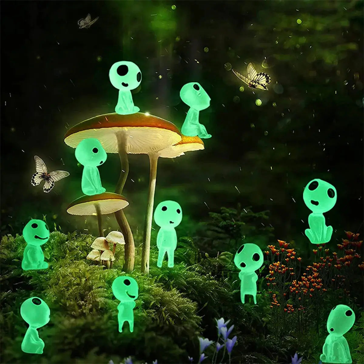 10pc glow-in-the-dark princess-shaped garden decorations, glowing green figurines around mushrooms in a night garden