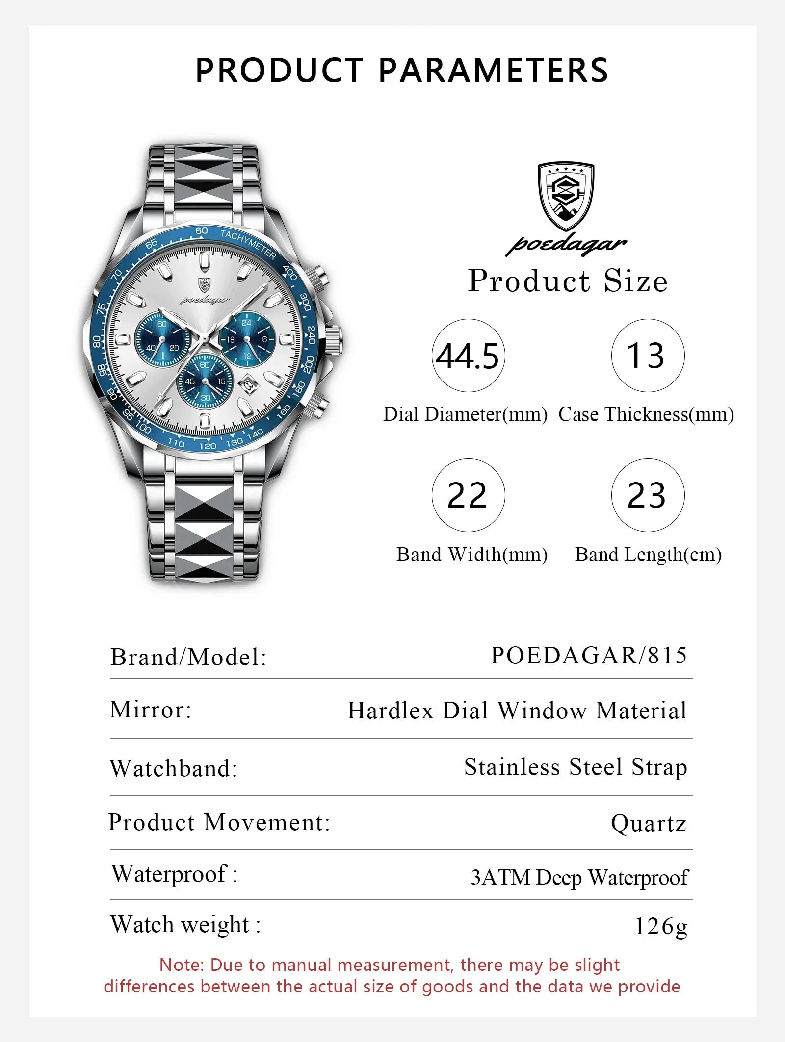 POEDAGAR stainless steel men's luxury watch with blue tachymeter bezel, chronograph subdials, date window, waterproof