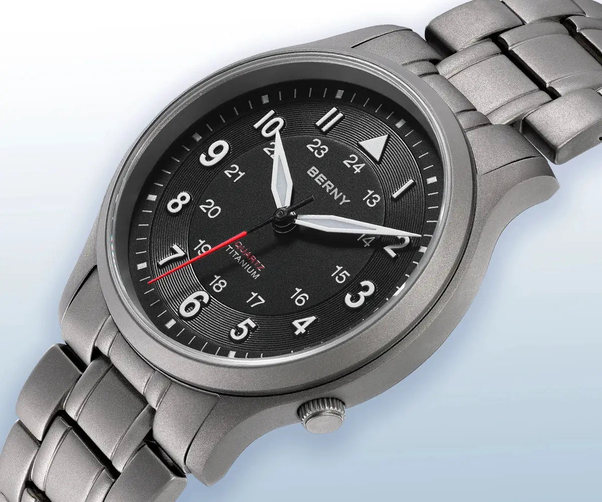 BERNY Full Titanium Watch for Men, titanium bracelet, black dial with luminous hands