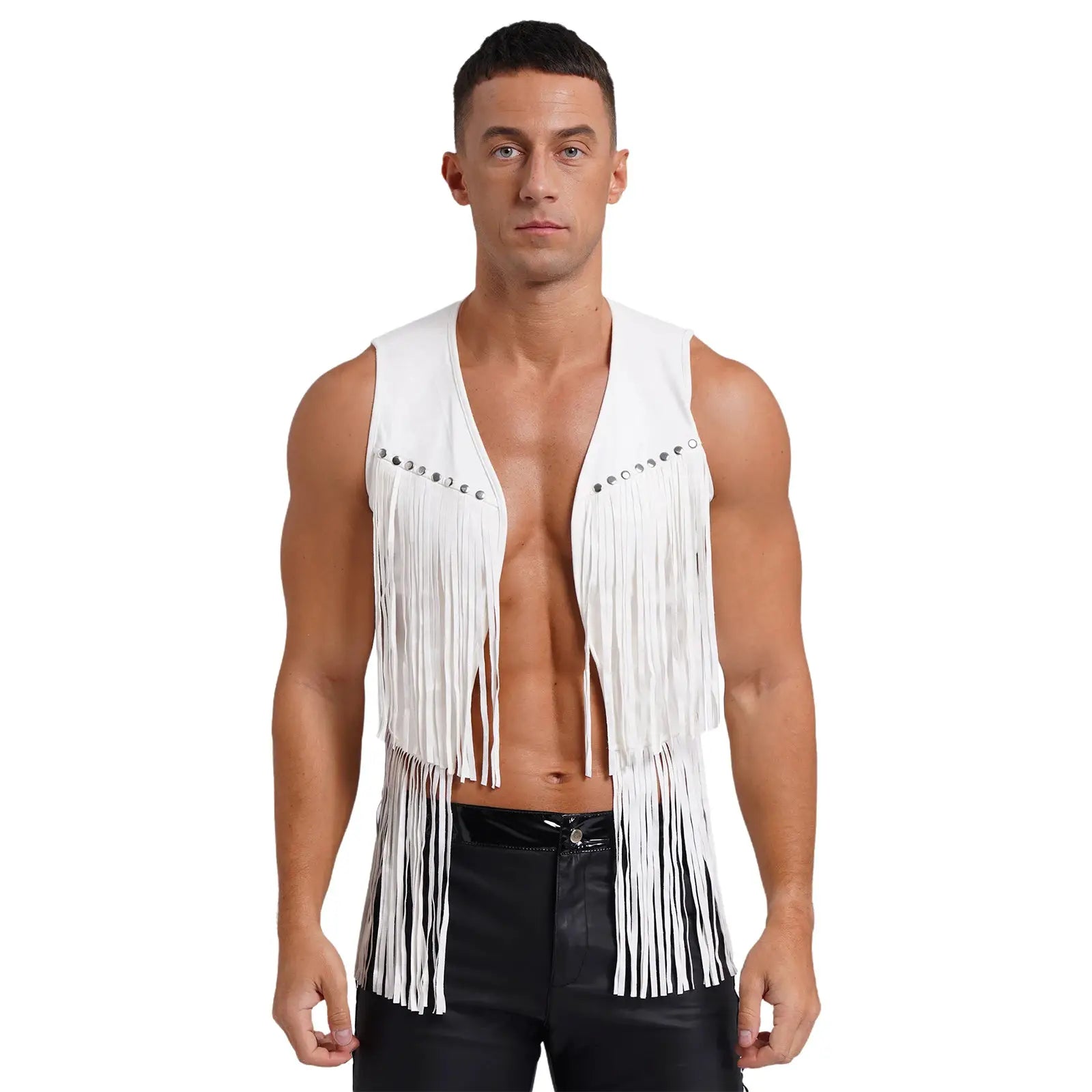 Mens white faux suede tassel vest by Simples Market with fringe, rivet detailing, open front
