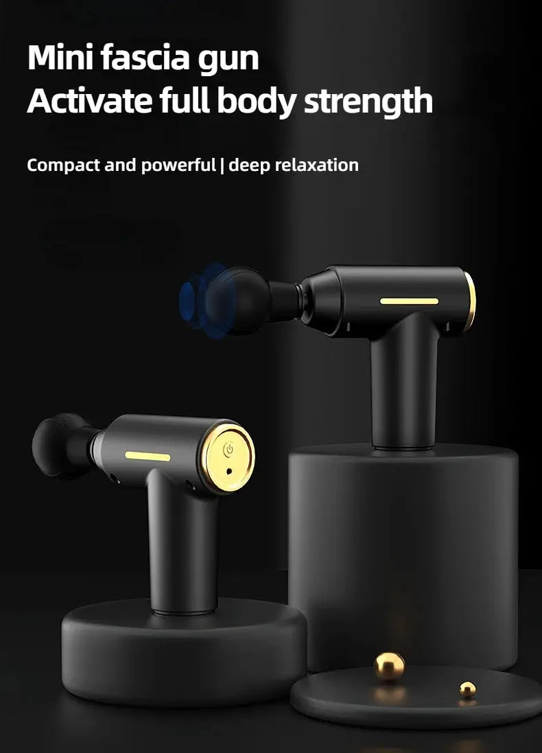 Portable mini massage gun set by Simples Market: two compact black massagers with gold accents for deep muscle relief
