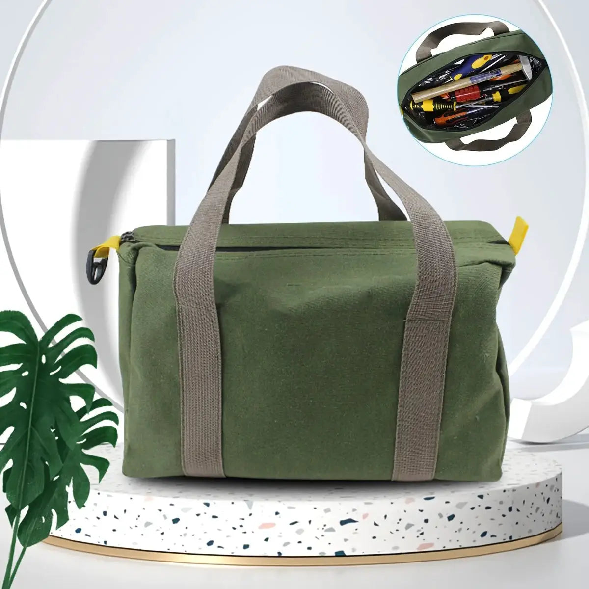 Simples Market green canvas tool bag, large-capacity waterproof portable storage with beige handles; tools inside.