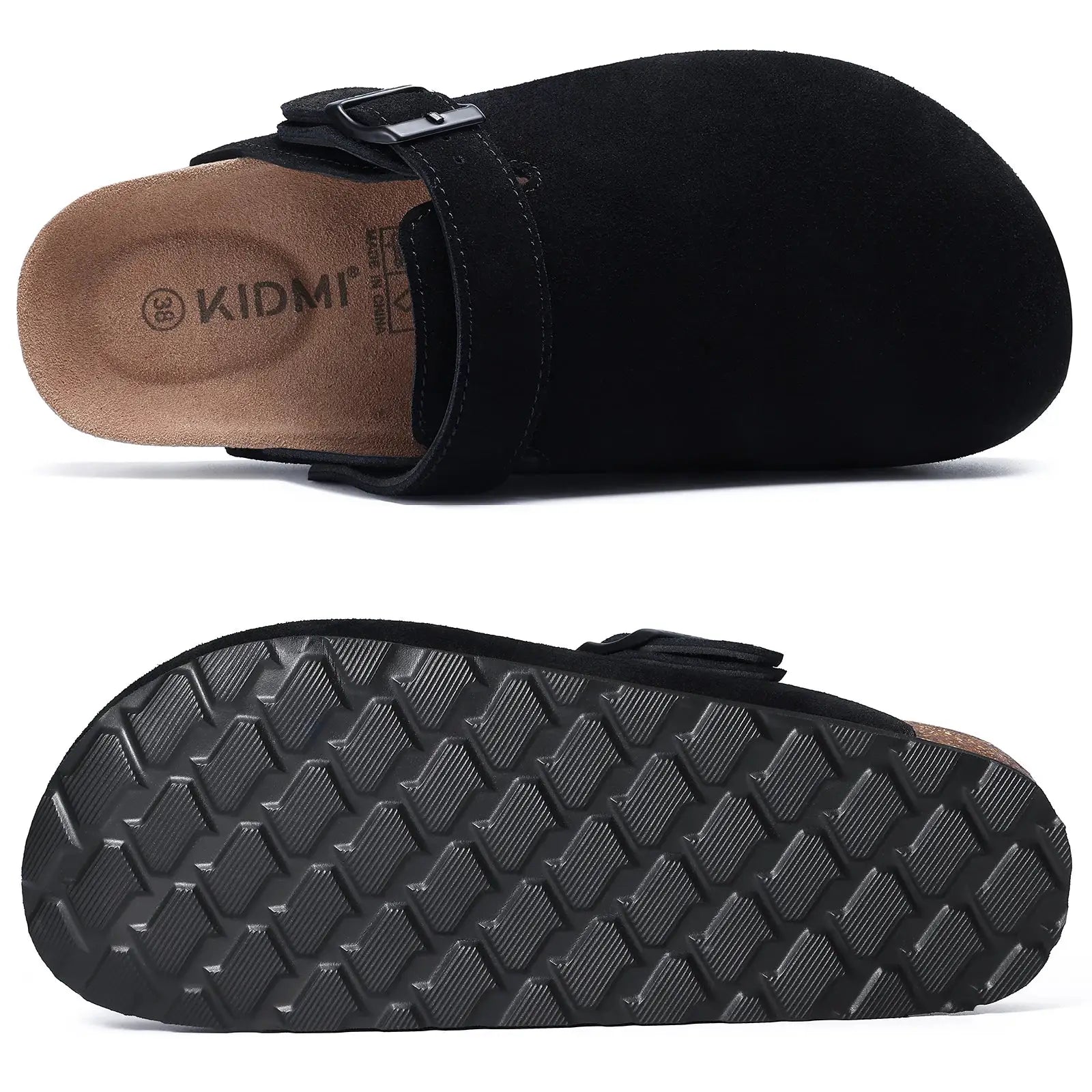 Women's black clogs with adjustable strap and cork footbed by KIDMI; rugged outsole.