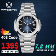 Watchdives WD0013 men's stainless steel wristwatch with blue striped dial and date window