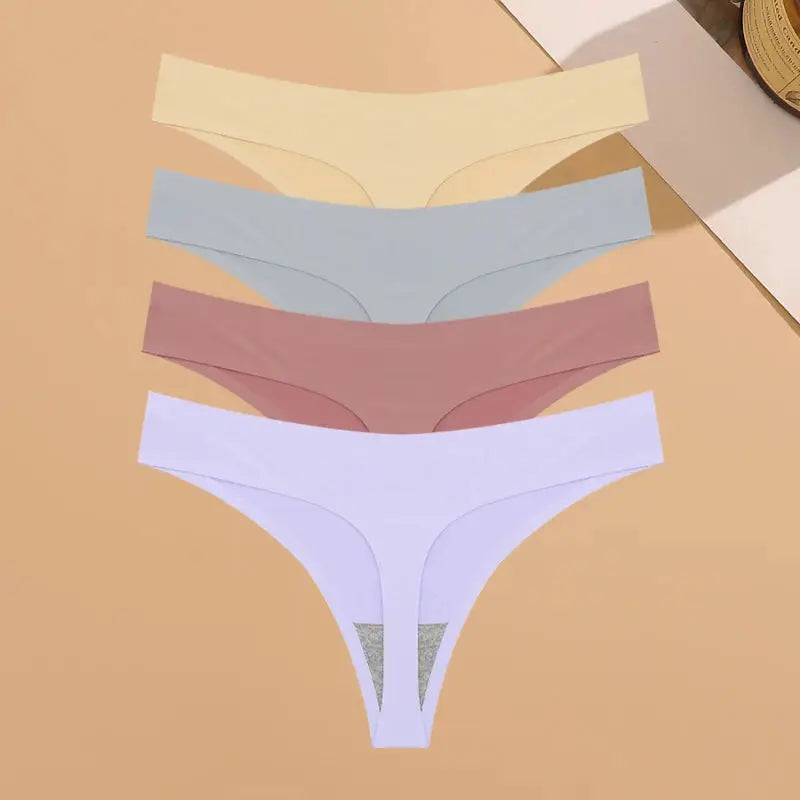 4-pack seamless thong underwear set in pastel yellow, blue, pink, and lavender