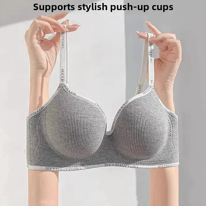 6cm thickened wireless push-up bra, gray ribbed seamless lingerie with adjustable straps