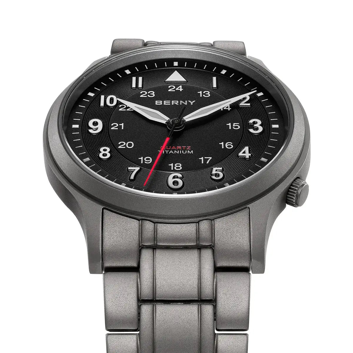 BERNY titanium men's field watch with black dial, white numerals, red second hand, gray titanium bracelet