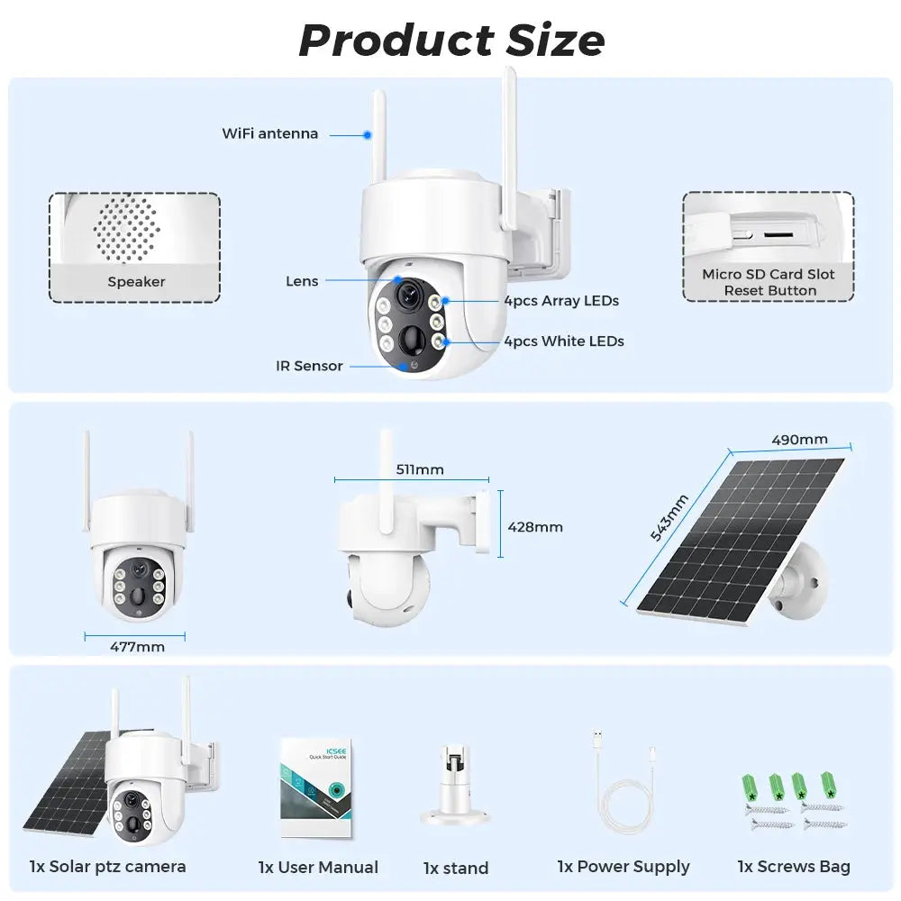 5MP HD Wireless Solar Outdoor Wifi Camera with 7800mAh battery and solar panel; includes stand and extras