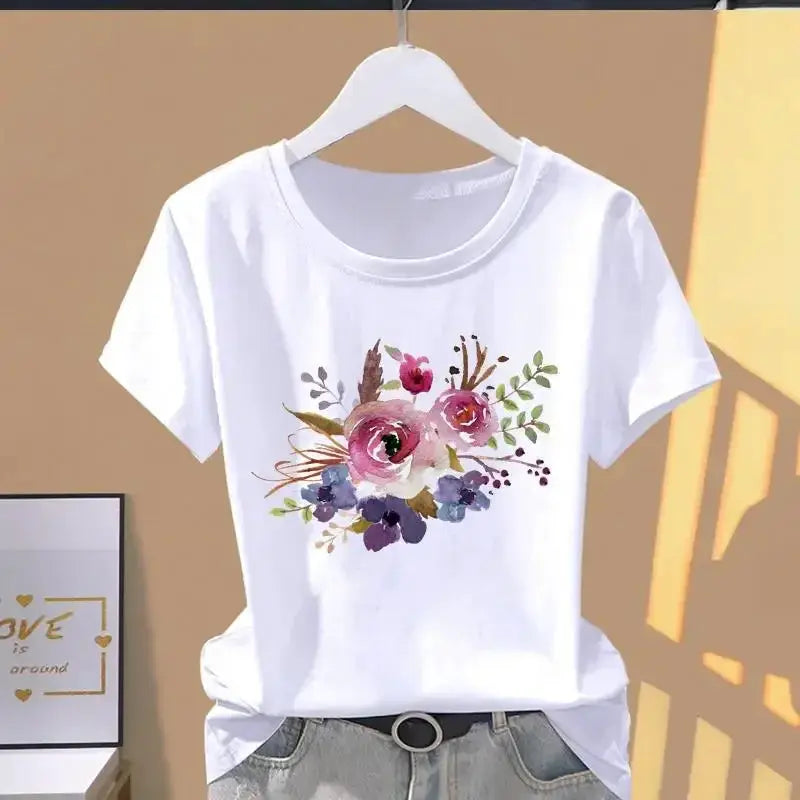 Women Floral Print Oversized Short Sleeve T Shirt Graphic Tee Casual Everyday Summer Top