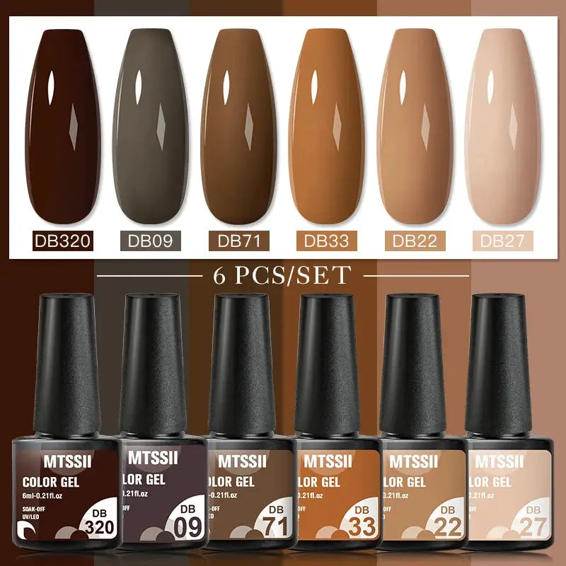 Gel nail polish set, 6 bottles, Simples Market brown nude shades (DB320, DB09, DB71, DB33, DB22, DB27)