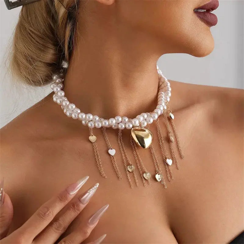 Y2K heart beaded pearl necklace choker for women with gold fringe chains and heart charms