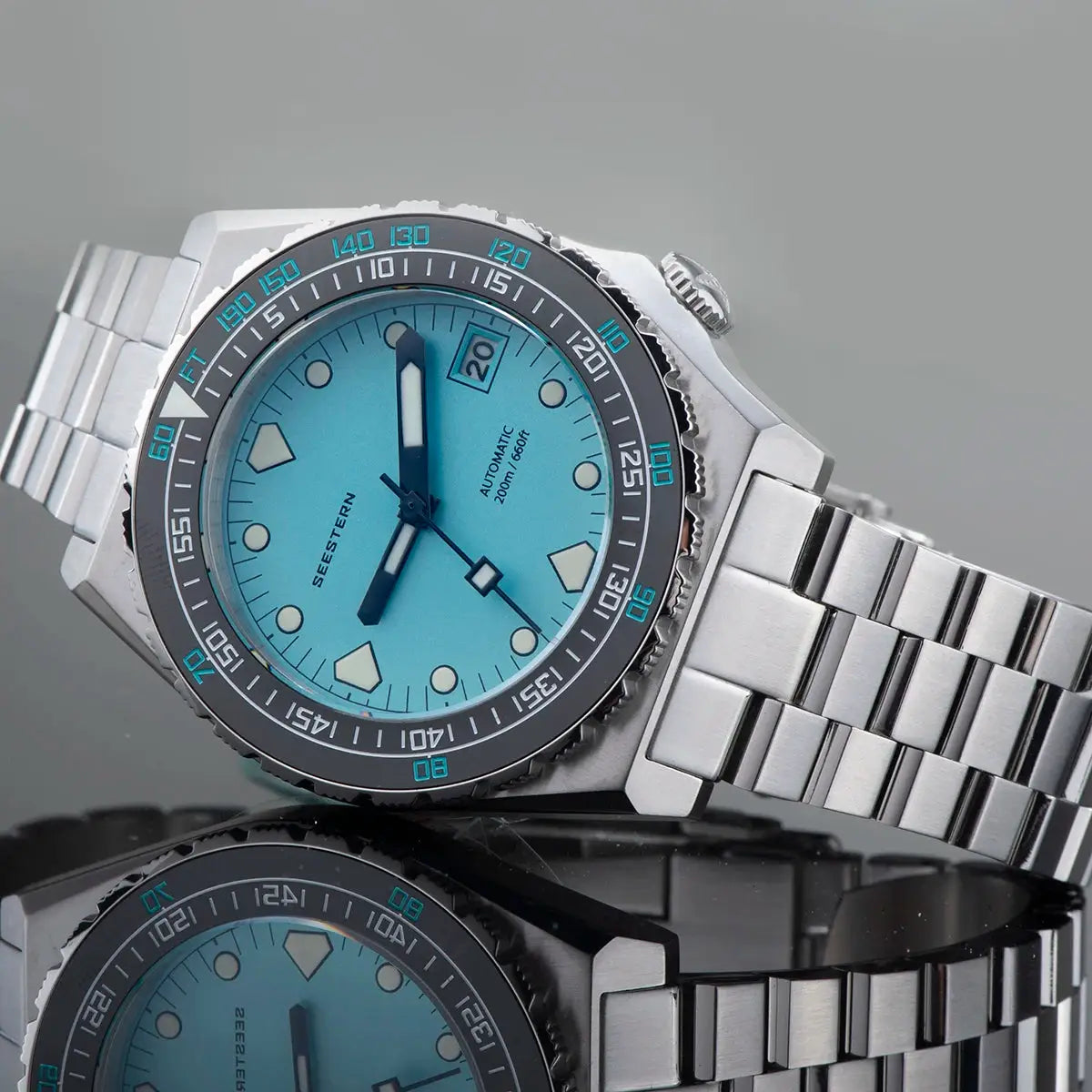 SEESTERN SUB600T men's diver watch, turquoise dial with ceramic bezel and stainless steel bracelet