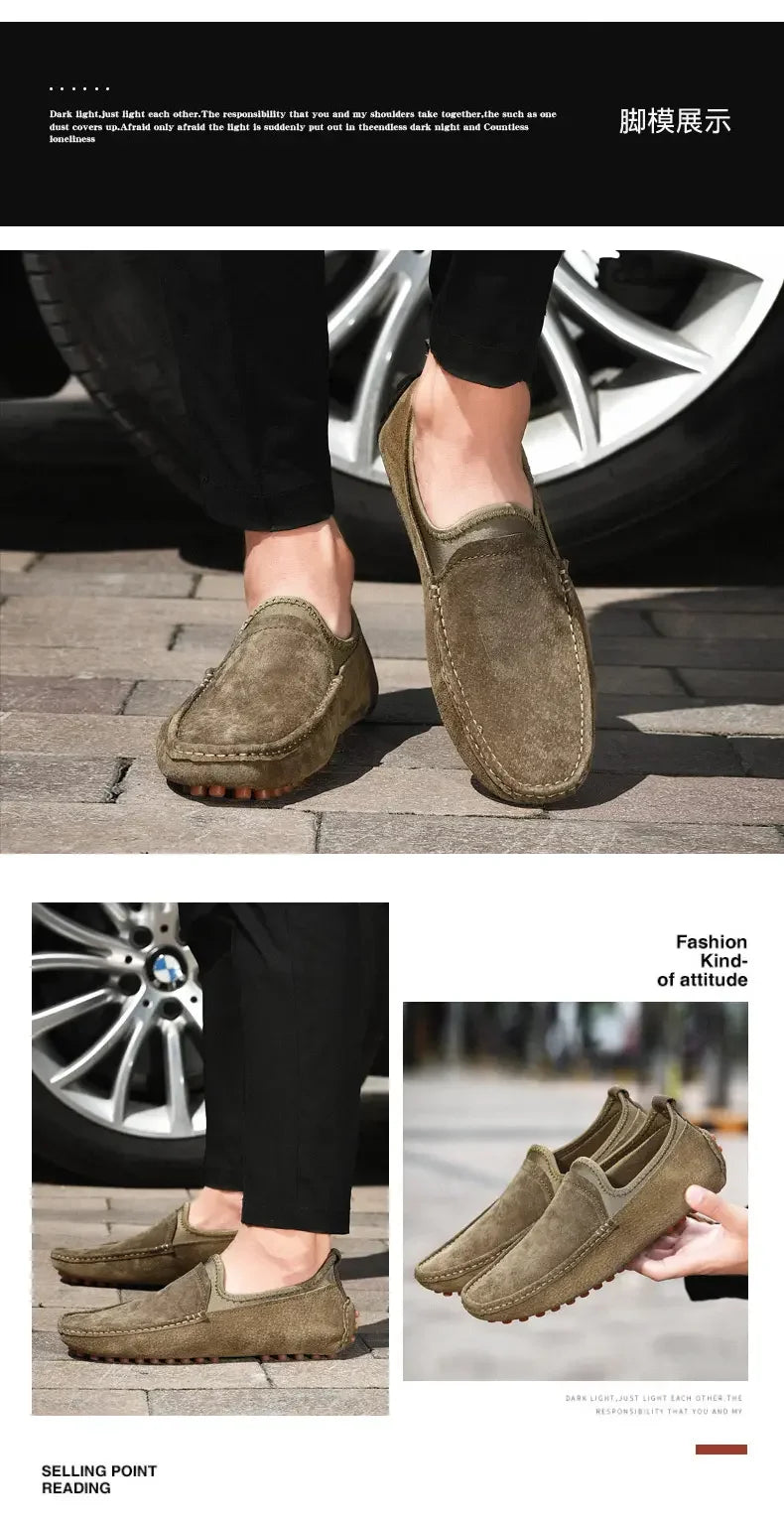 Men's olive suede driving loafers, casual outdoor footwear