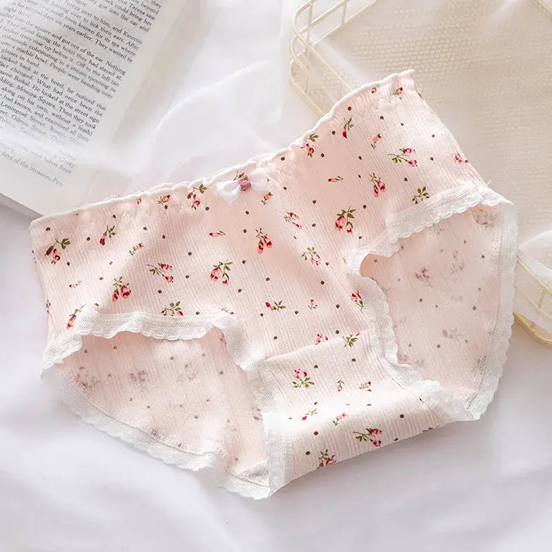 Panties 5-piece set, pure cotton, pink floral print, mid-rise with lace trim and bow accents