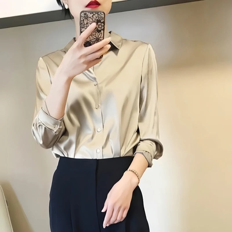 All Match Satin Finish Blouse For Women Turn Down Collar Three Quarter Sleeves Office And Casual Wear