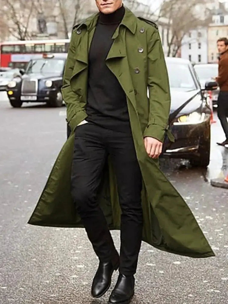 Olive green men's trench coat with epaulets, long overcoat silhouette for spring streetwear
