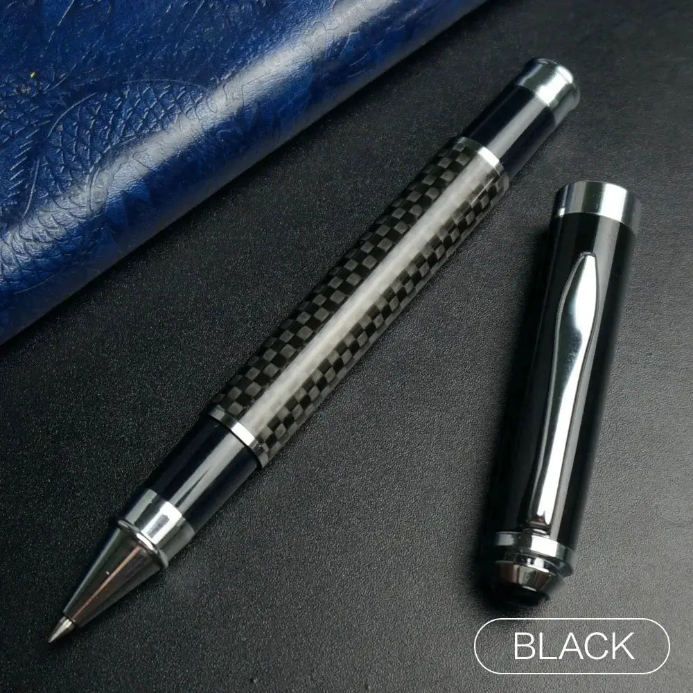 Carbon fiber signature pen by Simples Market, black barrel with silver accents, 0.5mm gel ink