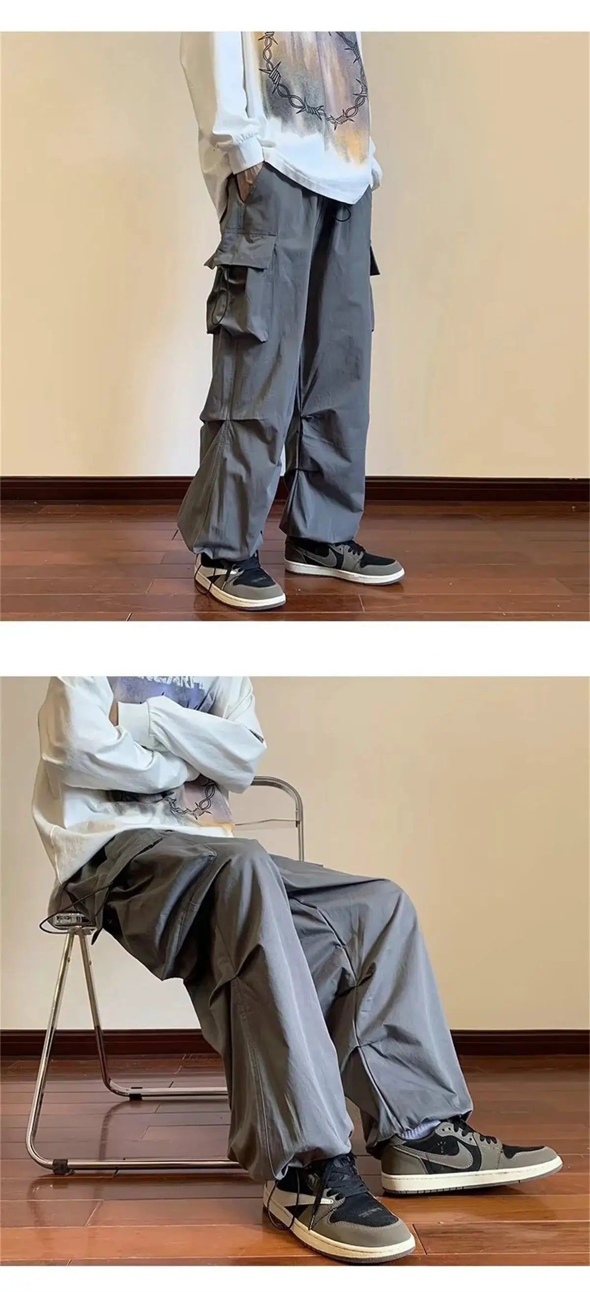 Simples Market streetwear cargo pants, gray, loose baggy harem fit with multiple pockets and elastic waist