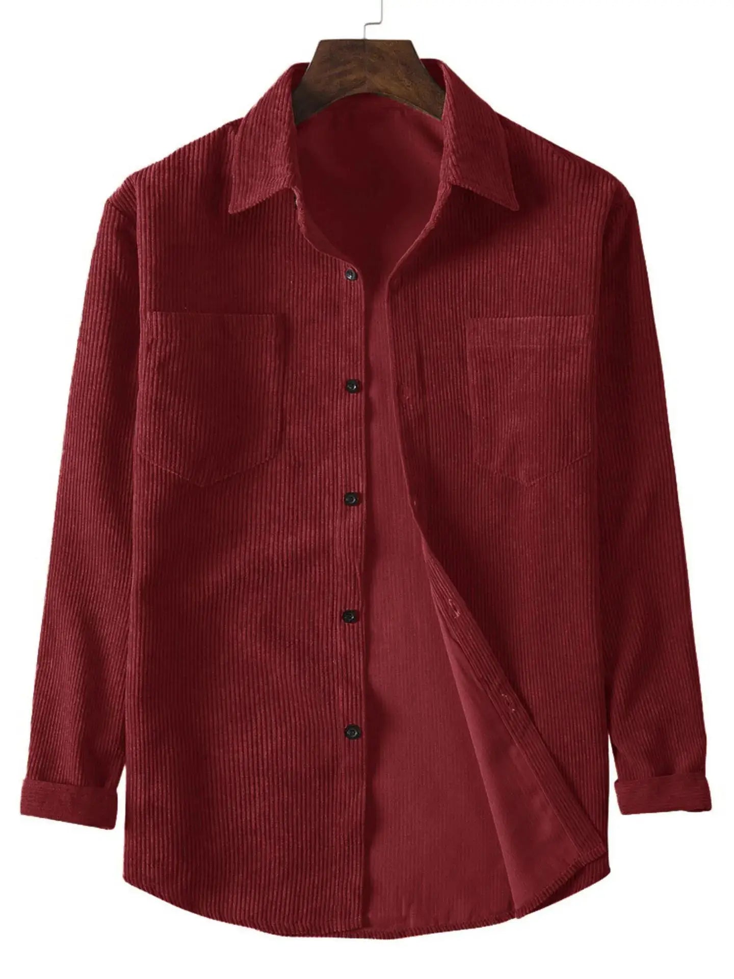 Men's red corduroy long-sleeve shirt with two chest pockets and black buttons
