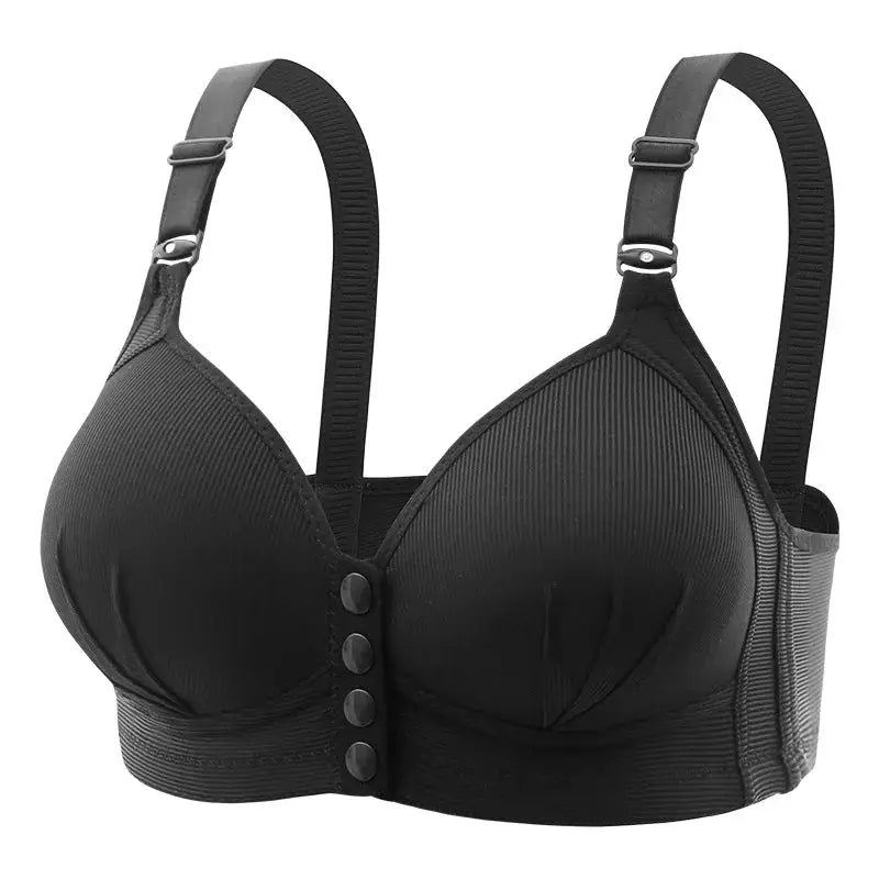 Bra, black front-closure push-up with adjustable straps and four front snaps