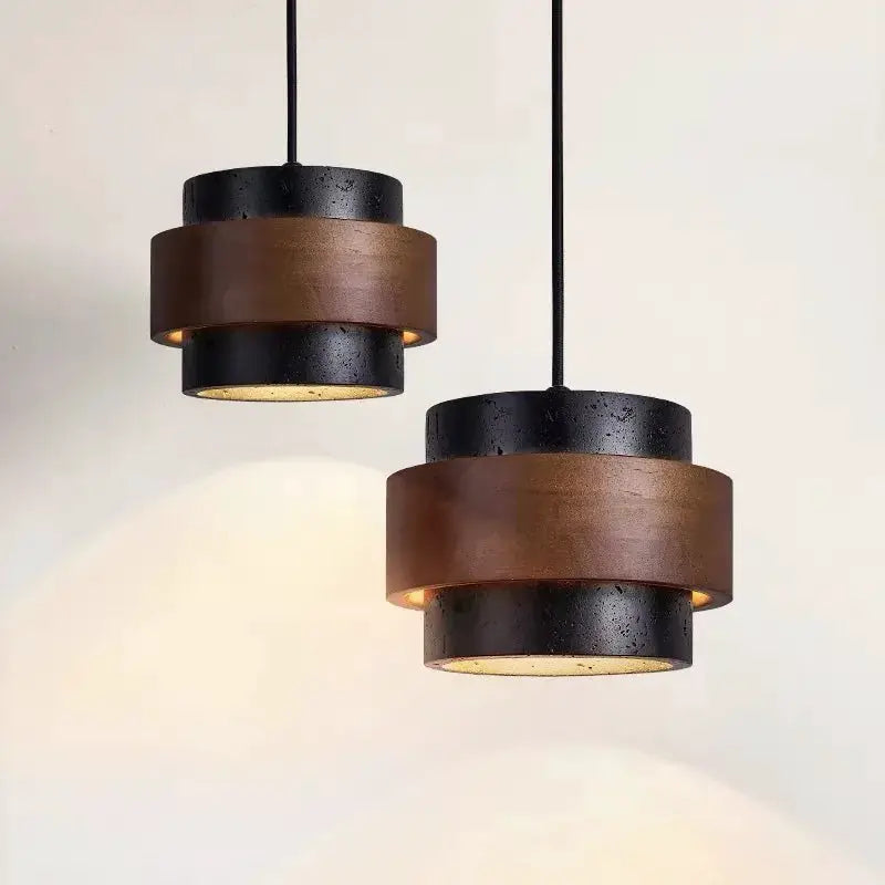 Bar pendant lamp pair in black metal with brown wood-tone bands, Japanese wabi-sabi style