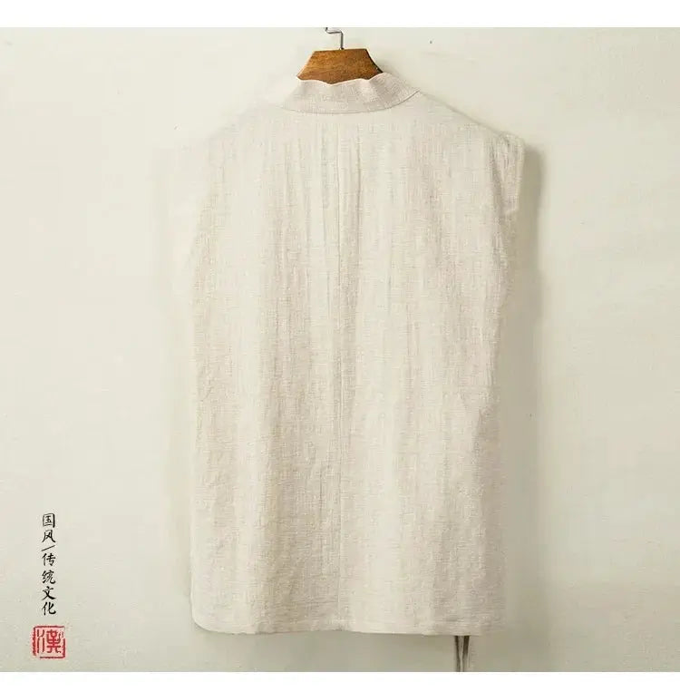 Simples Market Hanfu men's linen-cotton sleeveless vest, white, back view on hanger.