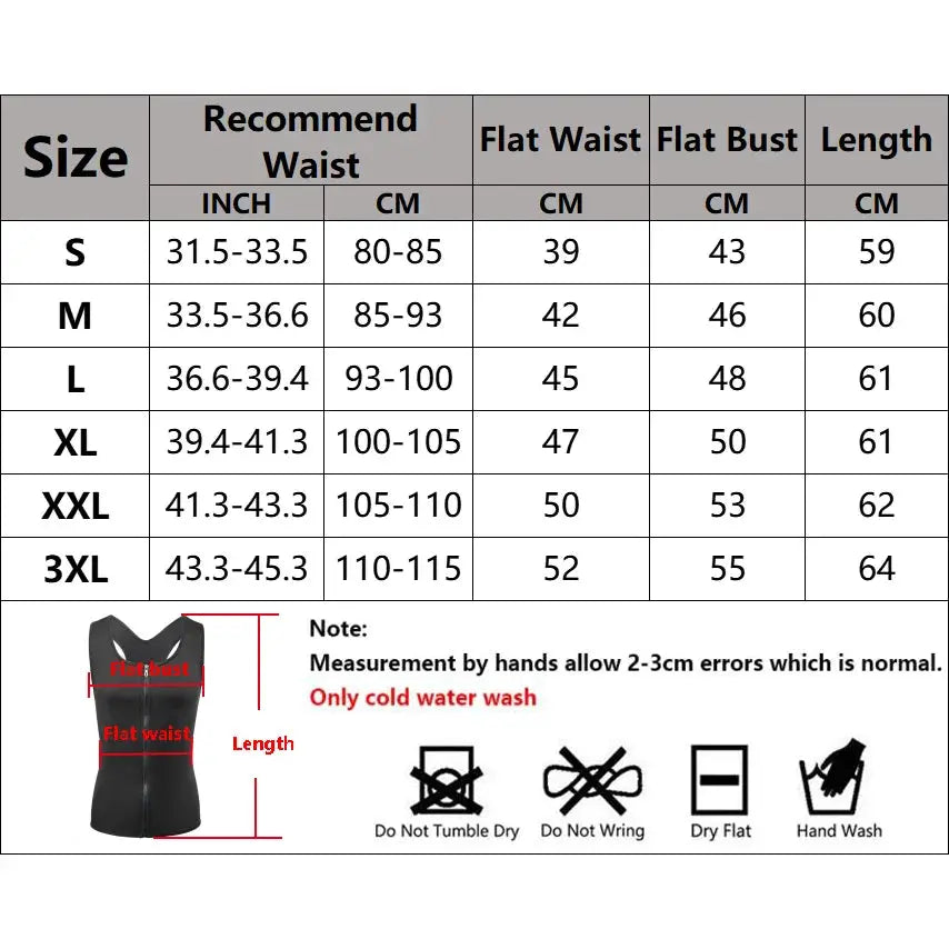 Men's slimming corset vest by Simples Market, black compression shapewear with waist and bust measurement chart