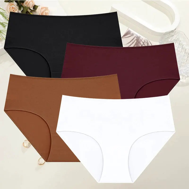 Panties set by Simples Market; 4Pcs, comfort cotton, high-waist seamless underwear in black, burgundy, brown and white.