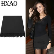 HXAO Satin Lace Skirt Shorts in black with lace trim; model wearing a sleek party-culotte look.