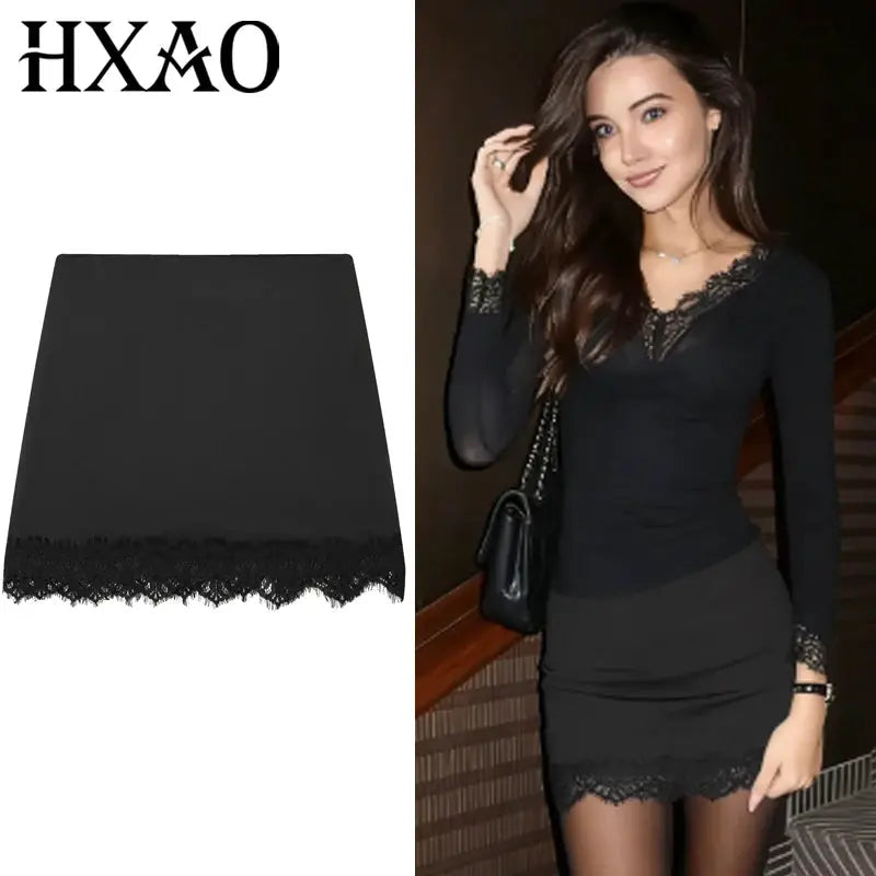 HXAO Satin Lace Skirt Shorts in black with lace trim; model wearing a sleek party-culotte look.