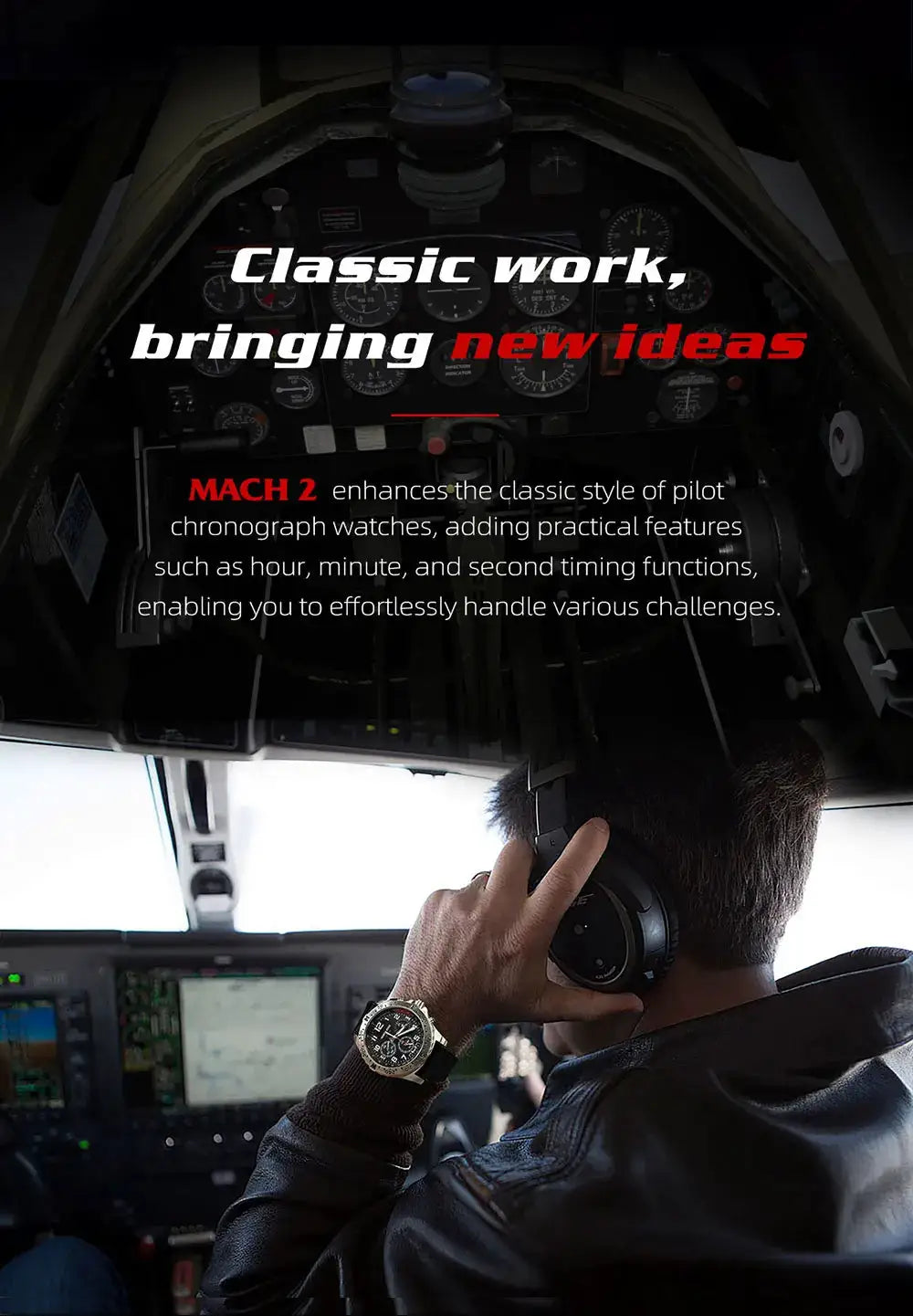 North Edge Mach 2 men's pilot chronograph watch; stainless steel case, black strap