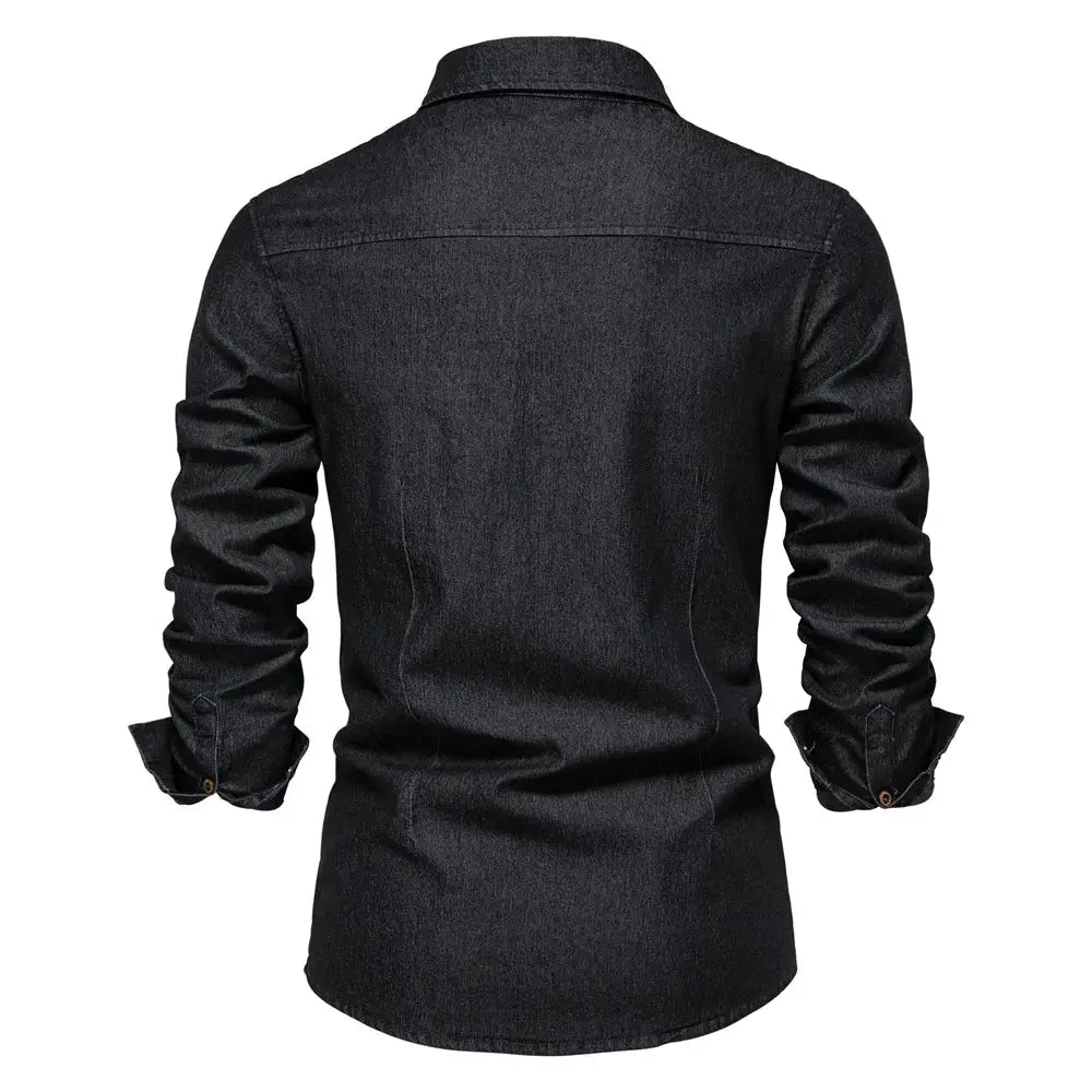 Men's elastic cotton denim shirt, black, long sleeves, back view.