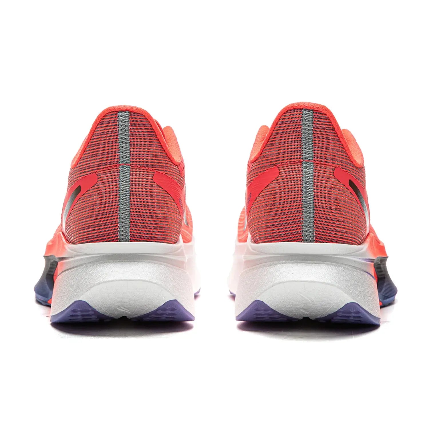 Pair of Li-Ning FEIDIAN 6 Challenger racing shoes in coral knit, reflective heel stripe, white midsole, purple outsole