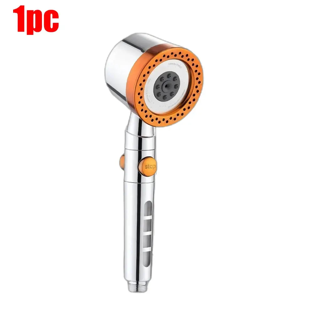Portable shower head by Simples Market, 5-mode spray with orange ring and chrome finish.