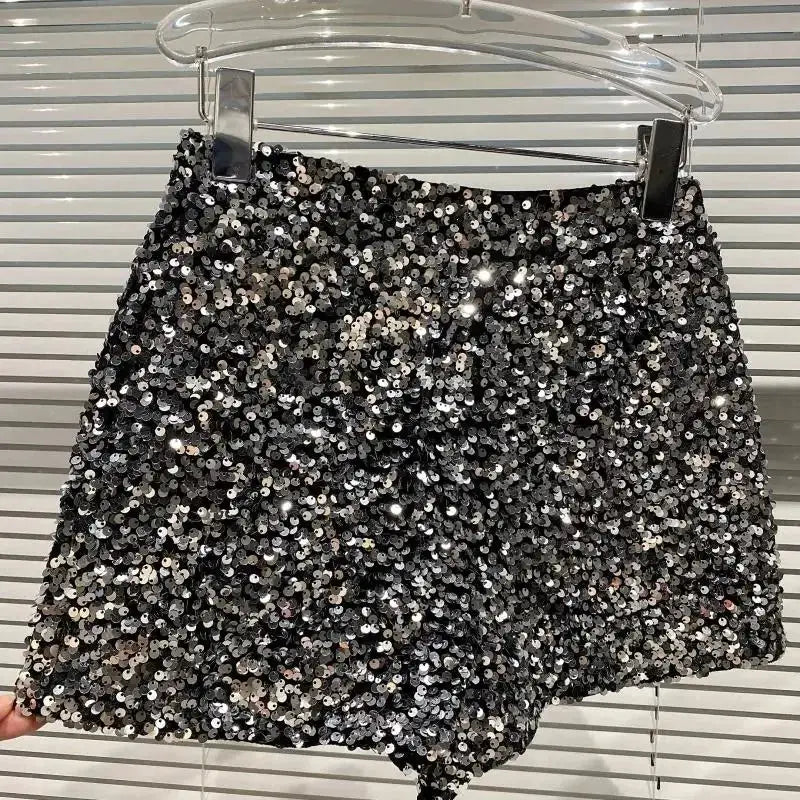 Sequin shorts for women, black and shiny, versatile clubwear.