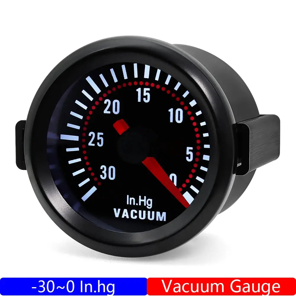 2-inch black vacuum gauge with blue/white dial, red needle, and In.Hg VACUUM label