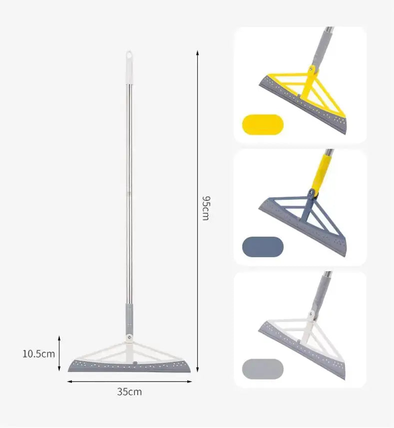 180° rotatable silicone rubber mop with metal handle and triangular squeegee head; yellow, blue and grey variants.