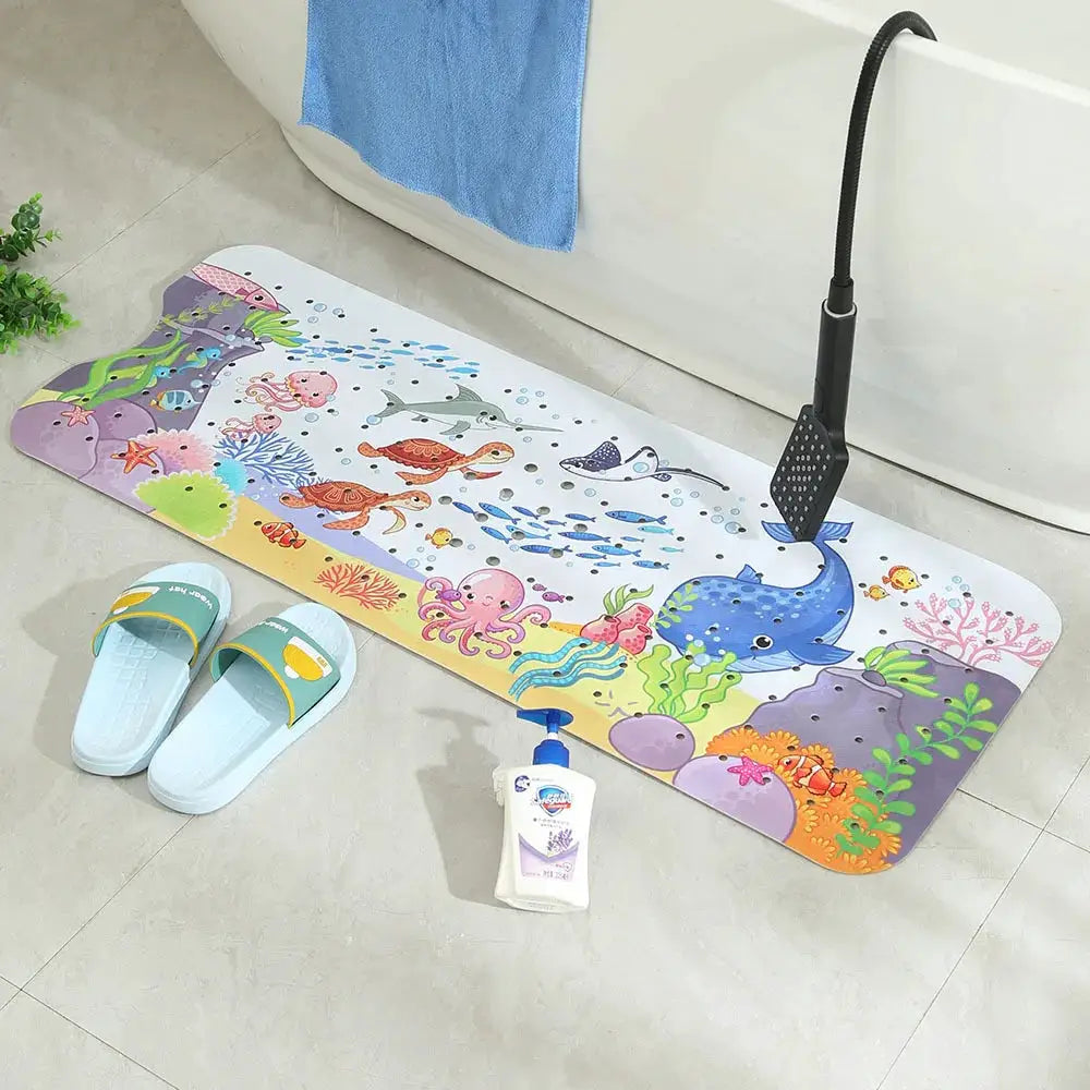 Cartoon extra-long bathtub mat 40x100cm with non-slip suction cups and drain holes, colorful underwater sea life design