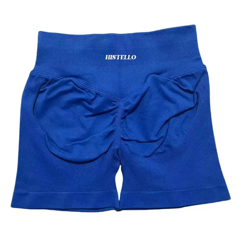 HISTELLO blue women's sports shorts with low waist, scrunch back seam, breathable stretchy fabric