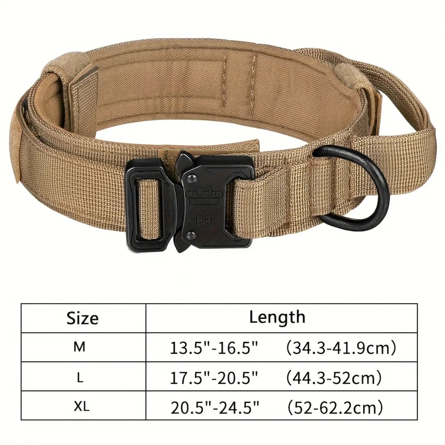Tactical dog collar, adjustable nylon with control handle and heavy metal buckle in tan