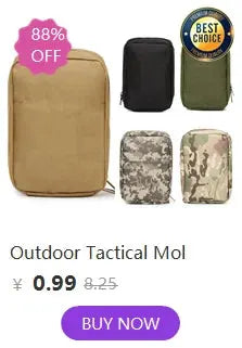 Five-piece tactical MOLLE pouches set in tan, black, green, and camouflage patterns.