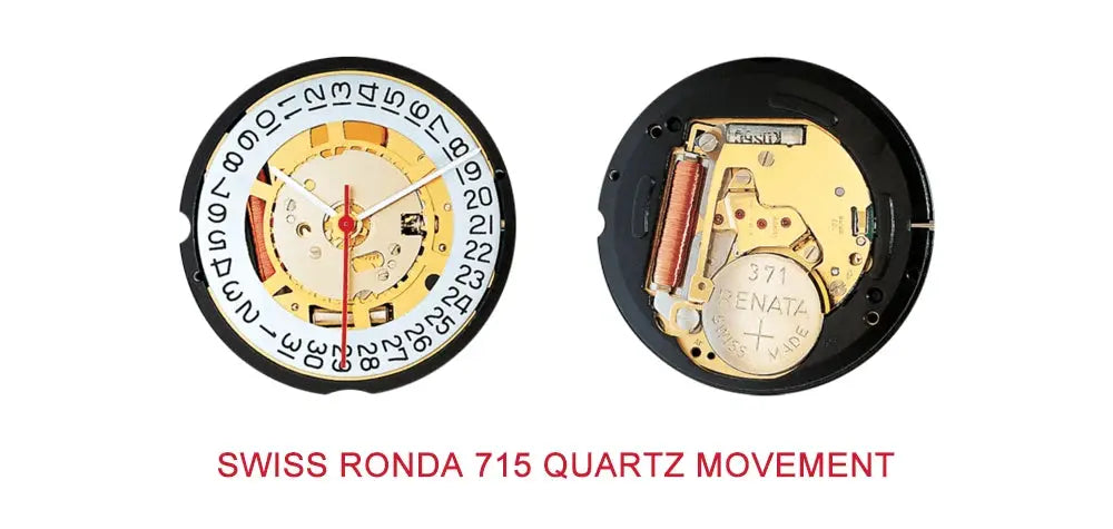 CADISEN Swiss Ronda 715 quartz watch movement components, two pieces with gold-toned gears and white numeral dial
