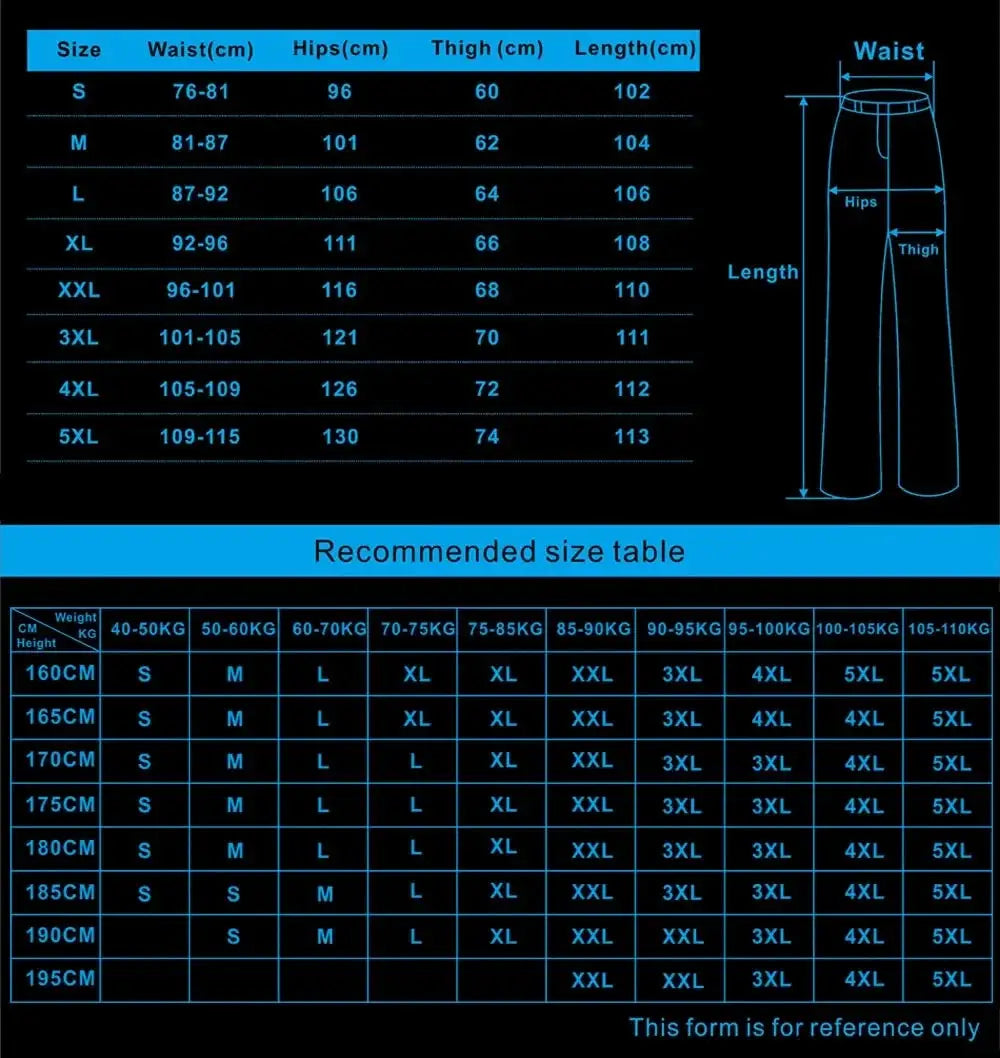 Men's Tactical Cargo Pants by Simples Market size chart showing waist, hips, thigh and length measurements