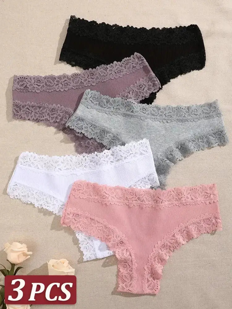 Cotton panties with floral lace trim in assorted colors, 5-piece set