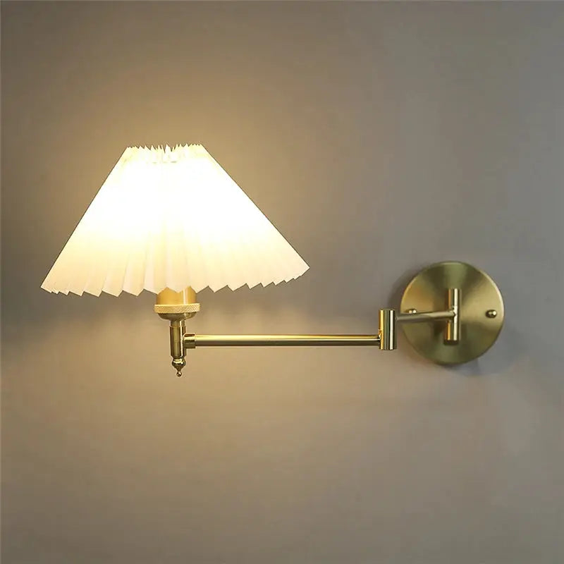 Nordic adjustable folding wall lamp in brass finish with white pleated shade
