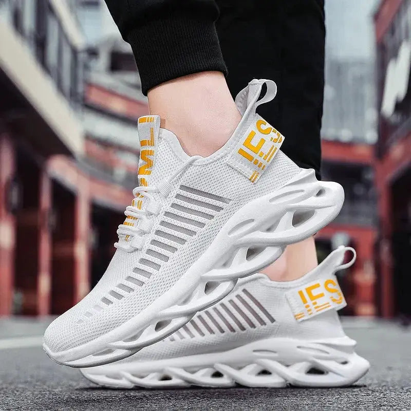 MAEDEF men's white mesh sneakers with breathable upper and yellow pull-tab accents, platform sole