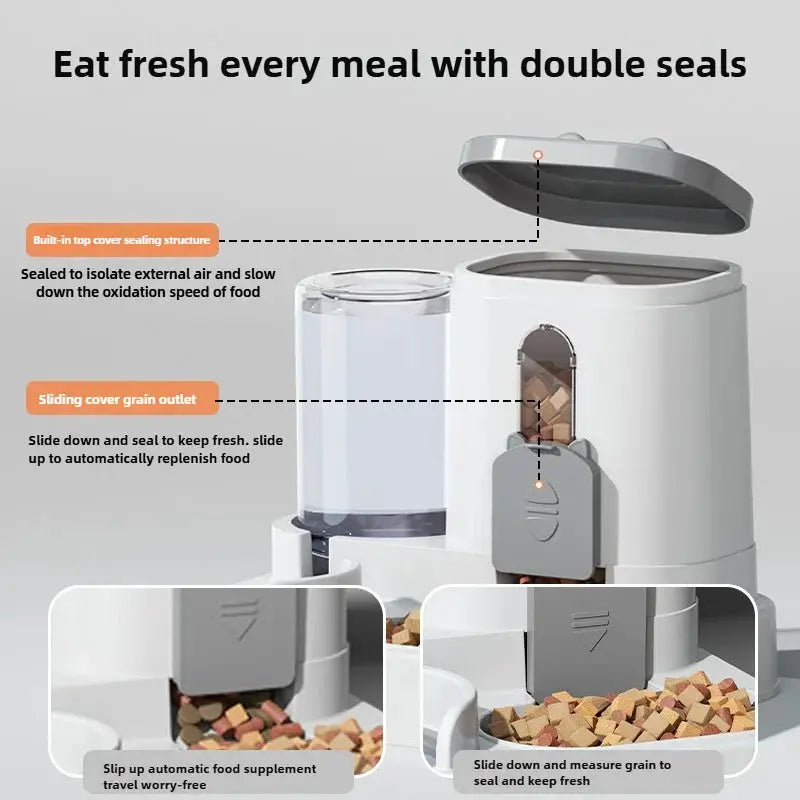 Cat And Dog Automatic Gravity Feeder With Spill Proof Design And Water Fountain Bowl Dual Function Dispenser