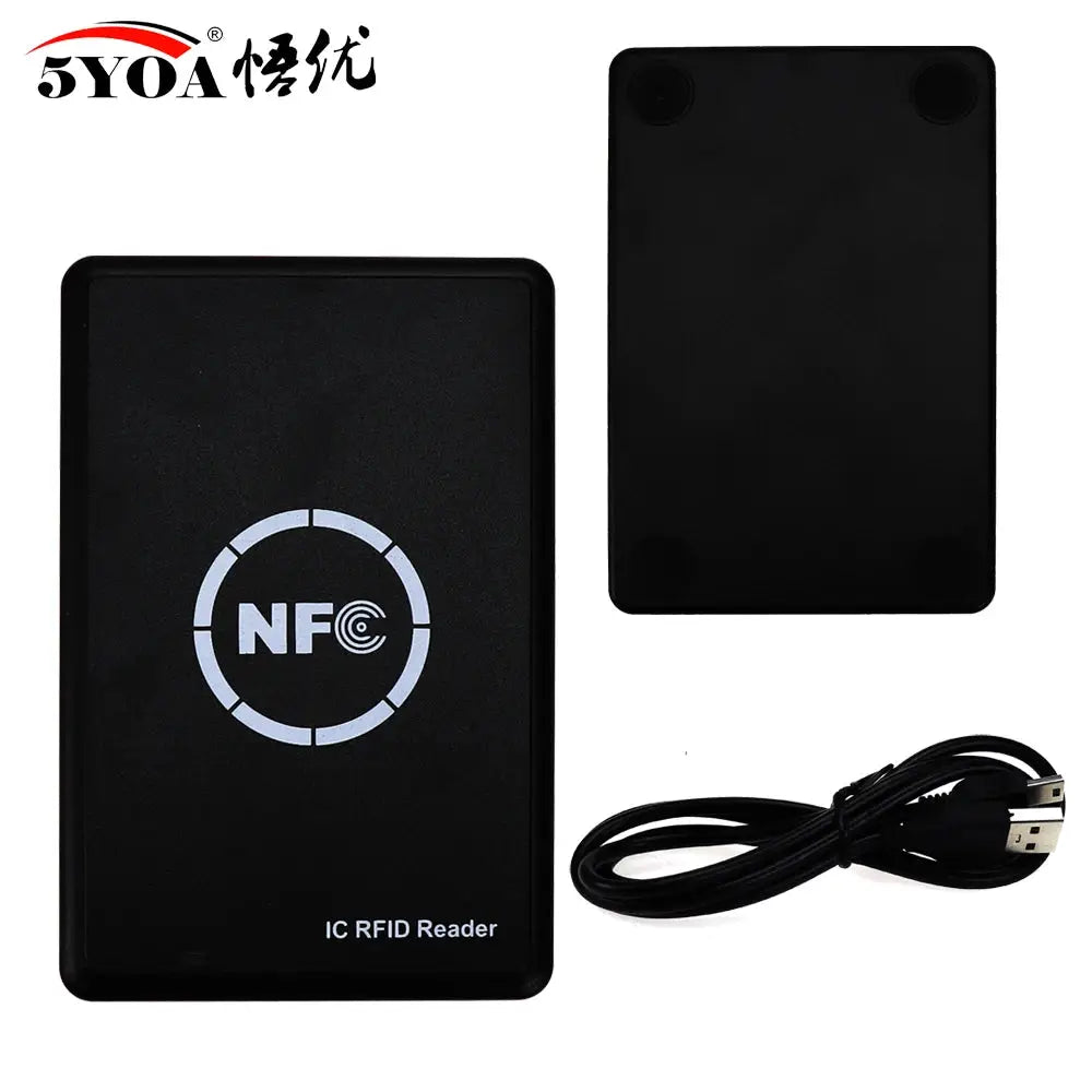 IC RFID Reader, black NFC card reader/writer with 5YOA logo and USB cable